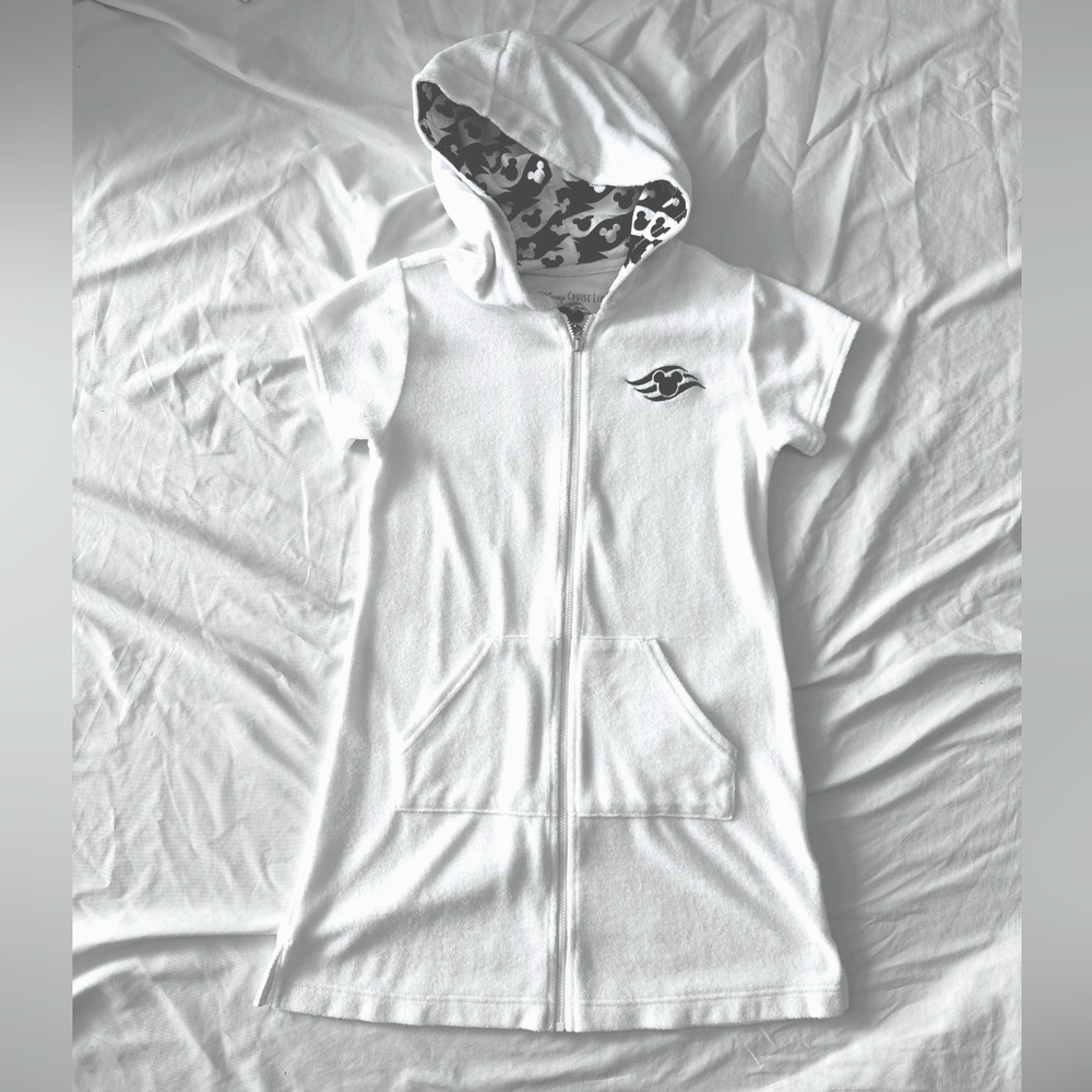 Disney Cruise Line White Full Zip Hooded Coverup w/ Black Mickey Pattern, Size M